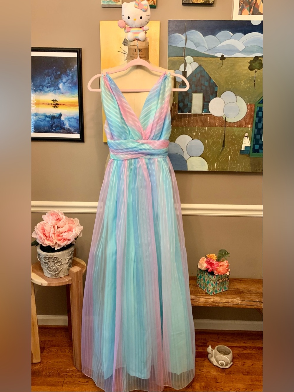 True Vintage 70s 80s Mike Benet Rainbow Pastel Pleated Maxi Dress 6